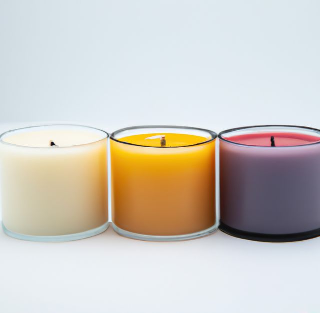 Vibrantly colored scented candles arranged in a horizontal line, each in a glass container. Ideal for social media posts about self-care, aromatherapy, or home décor. Excellent for blog posts or articles discussing the benefits of scented candles or creating a cozy and relaxing environment.