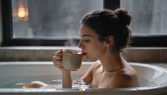 Young woman sipping tea in freestanding bathtub by window, steam and calm morning
