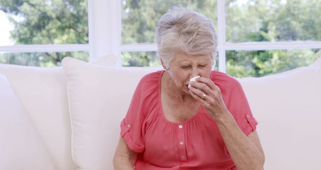 Elderly Woman Sneezing into Tissue on Sofa - Download Free Stock Images Pikwizard.com