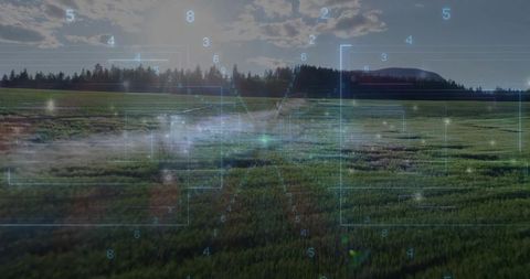 Futuristic technology in serene grassland landscape