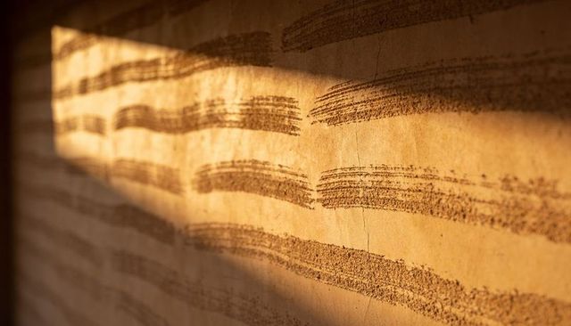 Sunlit grooved plaster wall with trowel texture, angled shadow and warm golden light