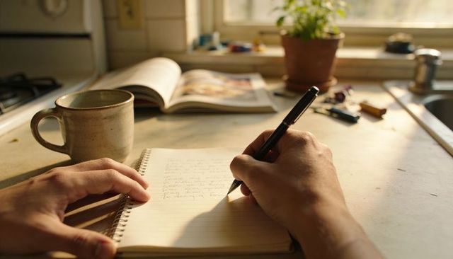 Sunlit kitchen journaling with hands writing notes on spiral notebook beside ceramic mug