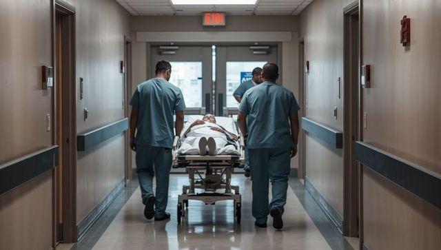 Medical team transporting patient on stretcher down hospital corridor urgent care