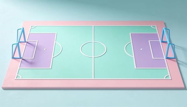 Pastel mini soccer pitch model showing mint field, lavender penalty areas and blue goals