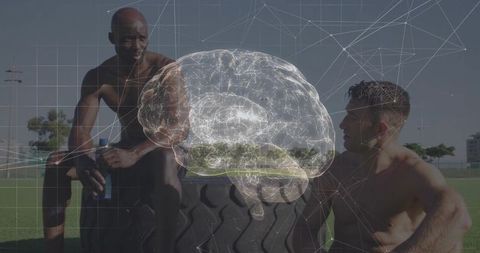 Athletes resting with brain hologram overlay on sport field
