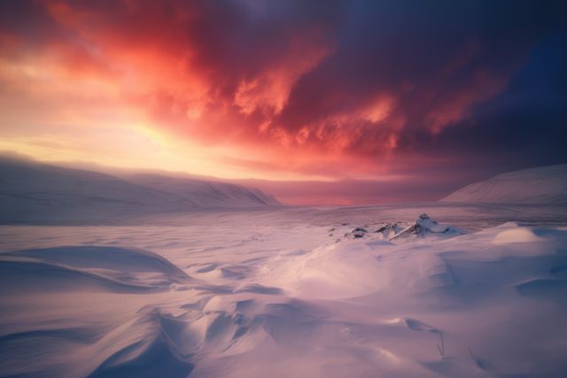 Frozen arctic tundra landscape with red clouds and snow, created using generative ai technology. Scenery, winter and beauty in nature concept digitally generated image.
