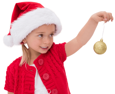 Festive Girl Wearing Santa Hat Holding Christmas Bauble Transparent