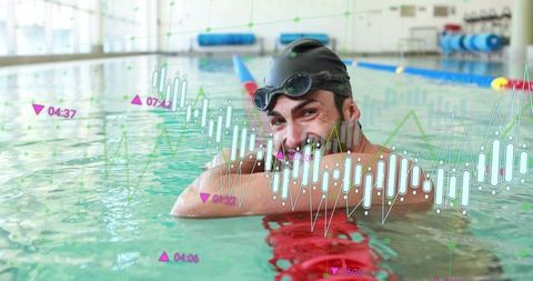 Swimmer smiling at pool edge wearing goggles with biometric analytics overlay