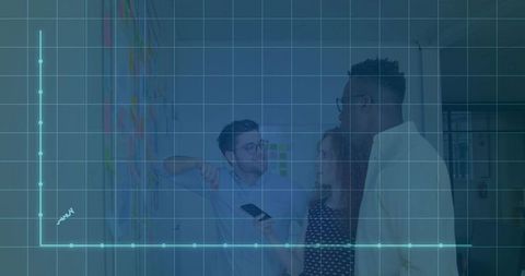 Pointing man leading team at sticky note wall with data grid overlay for collaboration