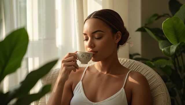 Sunlit calm: woman sipping tea in rattan chair surrounded by indoor plants and warm morning light