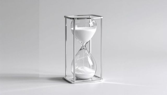 Modern hourglass with white sand and metal frame on matte surface