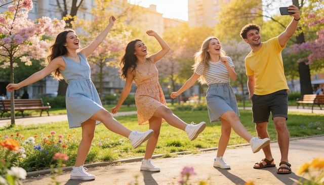 Friends Taking Selfie While Kicking Legs on Sunny Park Path with Blooming Trees