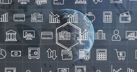 Global Finance Icons Overlay on Planet Earth Grid Background - Download Free Stock Images Pikwizard.com