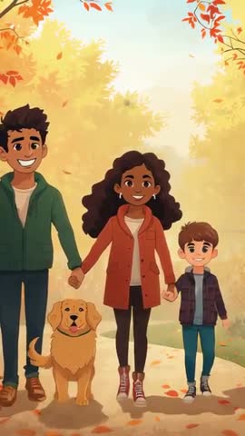 Vertical autumn video of family walking hand in hand with golden retriever on trail