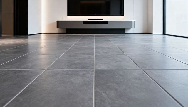 Minimalist living room showcasing grey porcelain floor tiles and floating media console