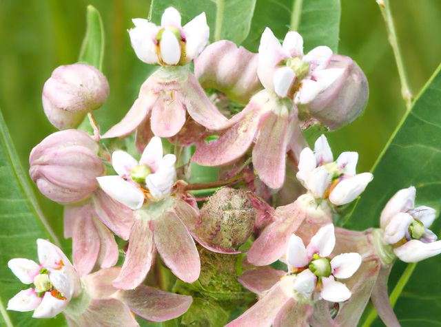 Close up of pink milkweed over green leaves created using generative ai technology. Flowers, harmony and nature concept, digitally generated video.