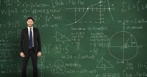 Confident Businessman Standing in front of Mathematical Chalkboard Designs - Download Free Stock Images Pikwizard.com