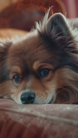 Vertical video of brown fluffy dog blinking and shifting gaze while resting on sofa cushion