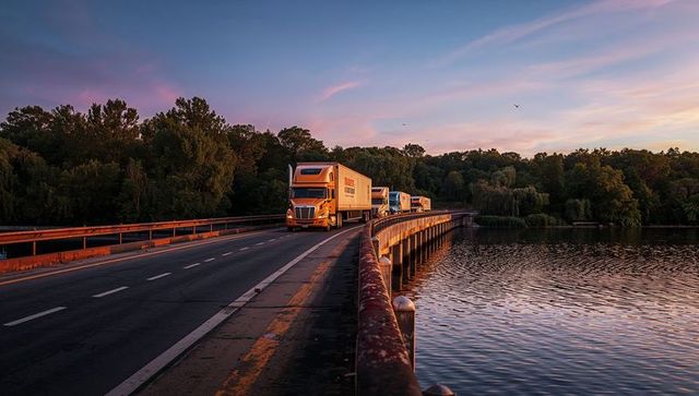 Orange tractor-trailer leading truck convoy crossing curved bridge at sunset over river
