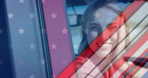 Smiling Young Woman in Car with USA Flag Overlay
