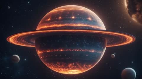 Luminous Planet with Glowing Rings and Moons in Vast Space