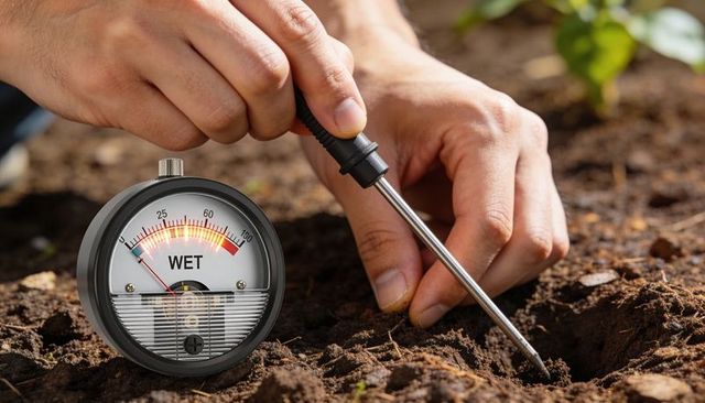 Testing soil moisture with metal probe and analog gauge beside young sprout in garden