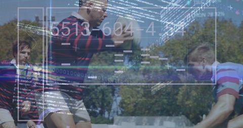 Rugby Players Competing with Digital Code Overlay
