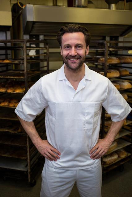 Portrait of smiling baker standing in bakery kitchen with hands on hip
