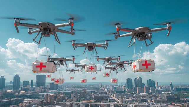 Medical drone fleet delivering emergency supplies above modern city skyline