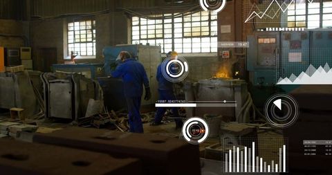 Foundry workers monitoring molten metal and casting process in industrial workshop