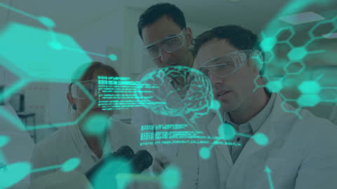 Scientists Analyzing Data with Abstract Digital Interface