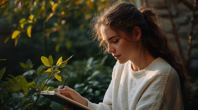 Young woman writing in journal outdoors during golden hour in lush garden