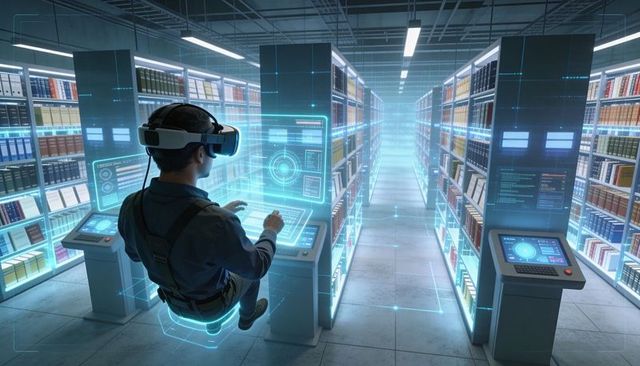 Technician wearing vr headset navigating holographic library archive with futuristic ui