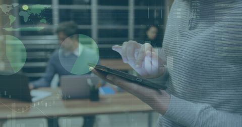 Businesswoman Utilizing Tablet with Digital Interface Overlay