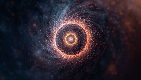 Spiraling golden vortex revealing bright core and ringed layers with glowing particle trails