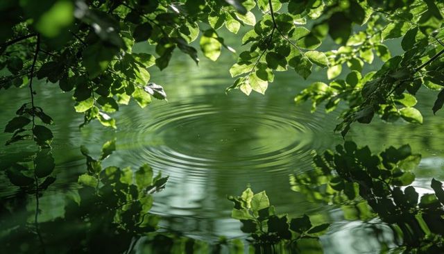 Sunlit green canopy reflecting on pond with concentric ripples and calm water