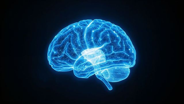 Neon Holographic Brain Showing Glowing Neural Network, Synapses, Cerebellum, Brainstem