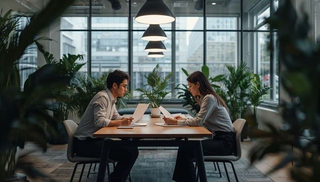 Two coworkers reviewing documents at meeting table in modern glass office with city view