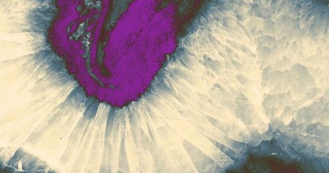 Purple core agate slice revealing radial sunburst crystals and textured layers