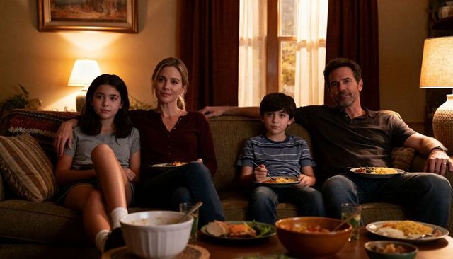 Family of four enjoying cozy evening meal on living room couch with warm ambient lighting