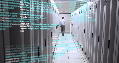 Professional Walking in Data Center with Digital Code Overlay