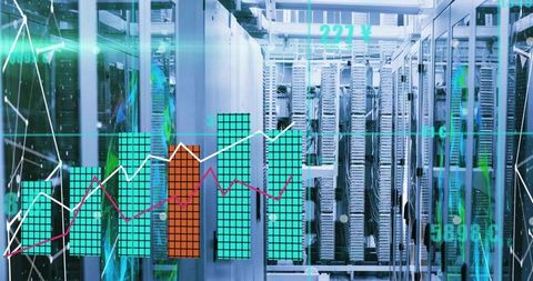 Visualizing data center analytics over server rack with glowing bar charts and trend lines