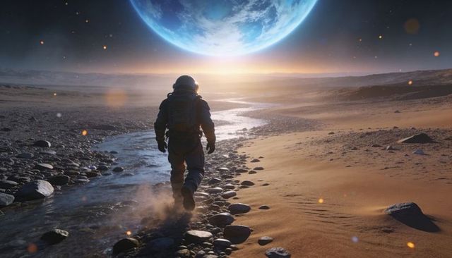 Lone astronaut walking toward distant planet over desert stream at golden horizon