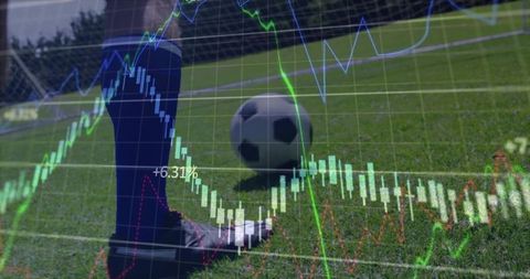 Athlete with soccer ball on field with data analysis overlay