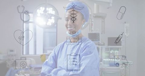 Smiling surgeon standing in operating room with medical icons overlay for healthcare branding