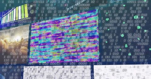 Multicolor Glitch Screen with Binary Code Overlay