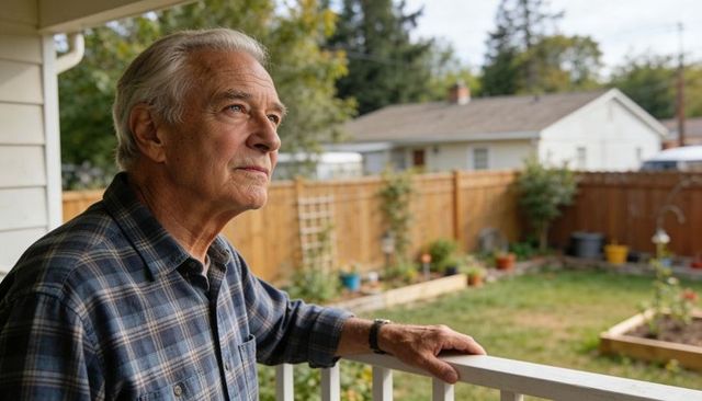 Contemplative senior man leaning on porch railing gazing over suburban backyard garden beds