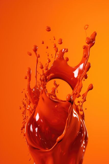 Close up of orange liquid splashing on orange background created using generative ai technology. Liquid and colour concept digitally generated image.