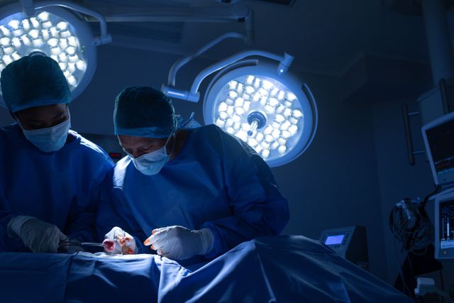 Two surgeons performing a surgical procedure in a well-equipped operating room with bright overhead lights. Wearing blue surgical gowns, masks, and gloves, they focus intently on the patient lying on the surgical table. This image can be used for healthcare, medical education, hospital advertisements, surgery-related articles, and more.