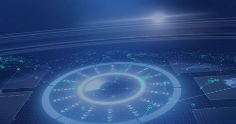 Futuristic Holographic Data Pulse Interface Showing Circular Network Nodes and Radar Grid